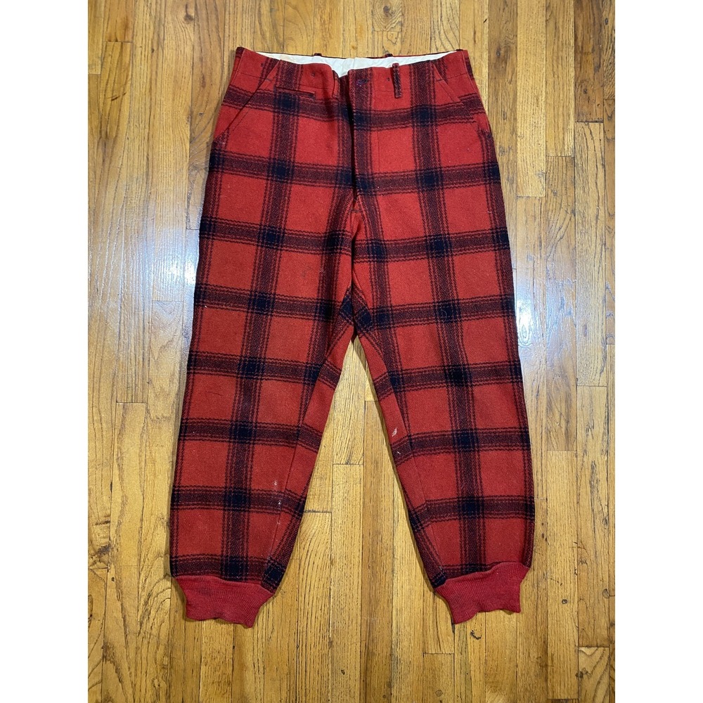 Vintage 40s 50s Woolrich Style Wool Red Buffalo Plaid Hunting Pants 34 x 30